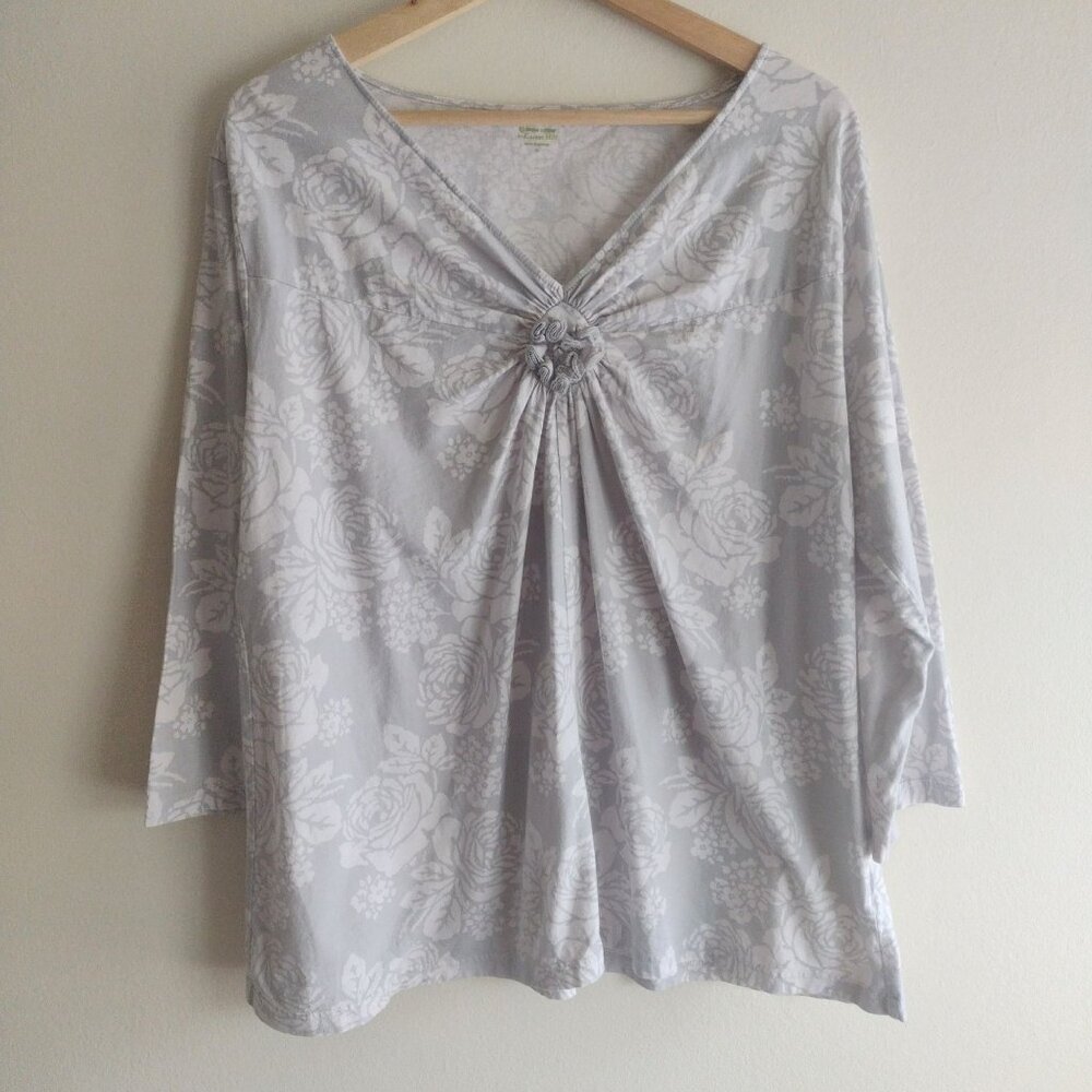 Garnet Hill Gray Floral V-Neck Tee XL Soft Knit Green Cotton Lounge Top